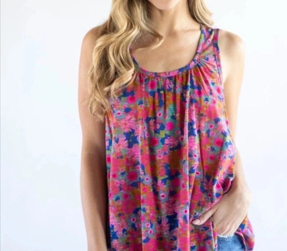 Natural Life Free Spirited Boho Pink Floral Low Back Swing Tank Top Womens M